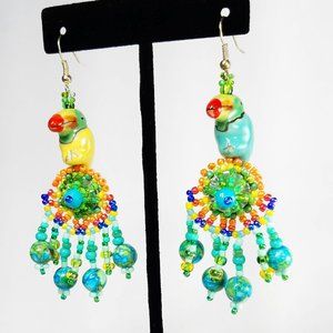 Whimsical Colorful Tropical Parrot Beaded Dangling Earrings, BOHO